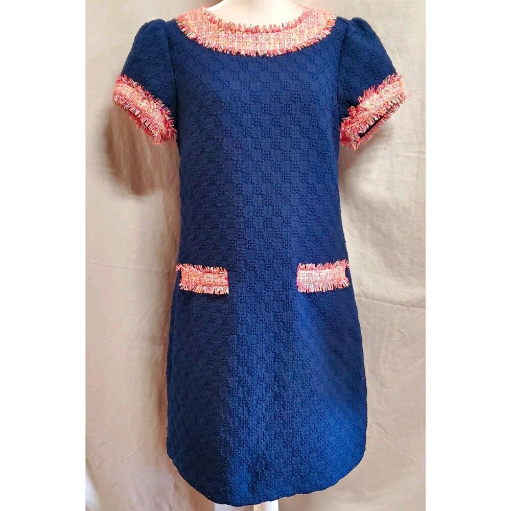 Sail to Sable navy tweed pink plaid fringe trim short sleeve shift dress 8